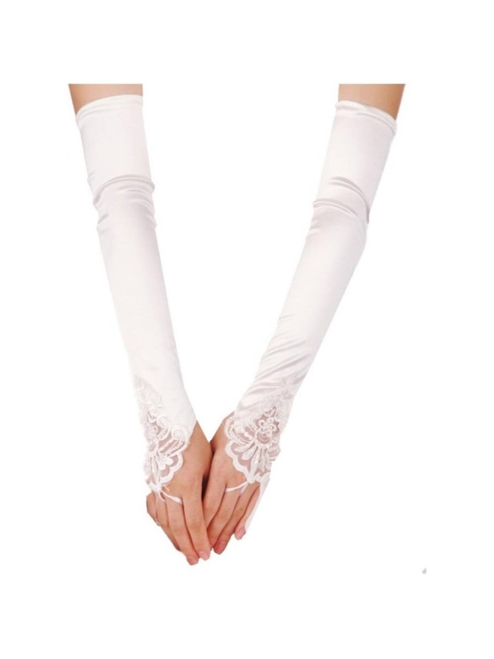 Women's White Satin Evening Embroidered Lace Fingerless Gloves Wedding Party Tea